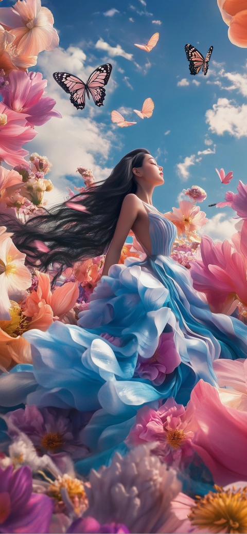 妇女节唯美感女性花海蝴蝶天空背景_美女照片大全壁纸高清